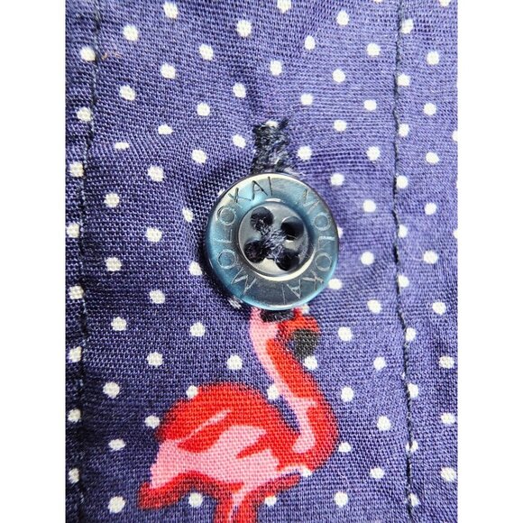 Molokai Medium Men Navy White Polka Dots Flamingo Short Sleeve Button Down Shirt - Picture 7 of 11